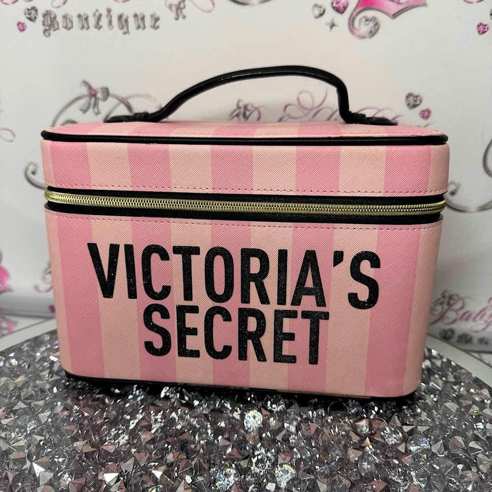 Victoria's Secret Pink Striped Cosmetic Bag hard train case cosmetic makeup
